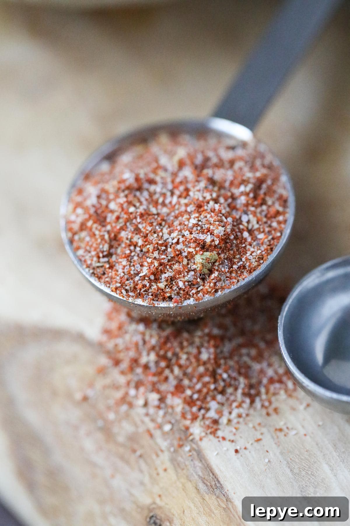cajun seasoning in a measuring spoon on a wooden cutting board.
