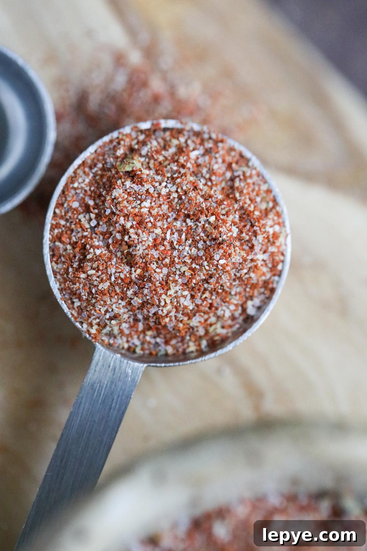 cajun seasoning in a measuring spoon on a wooden cutting board.