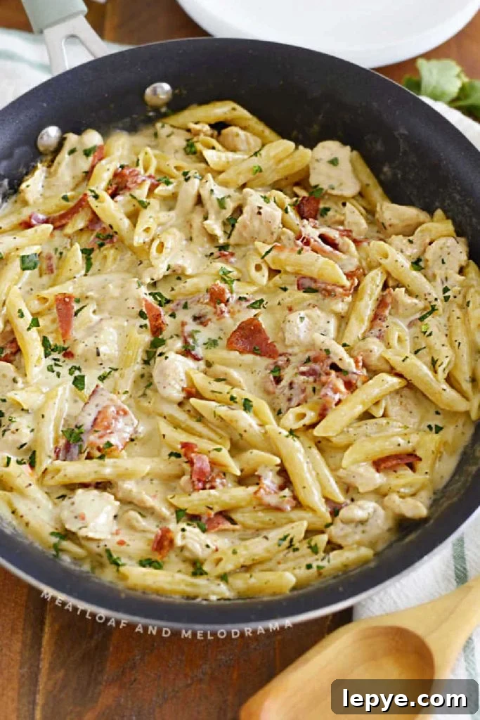Chicken Bacon Ranch Pasta in a skillet on the table