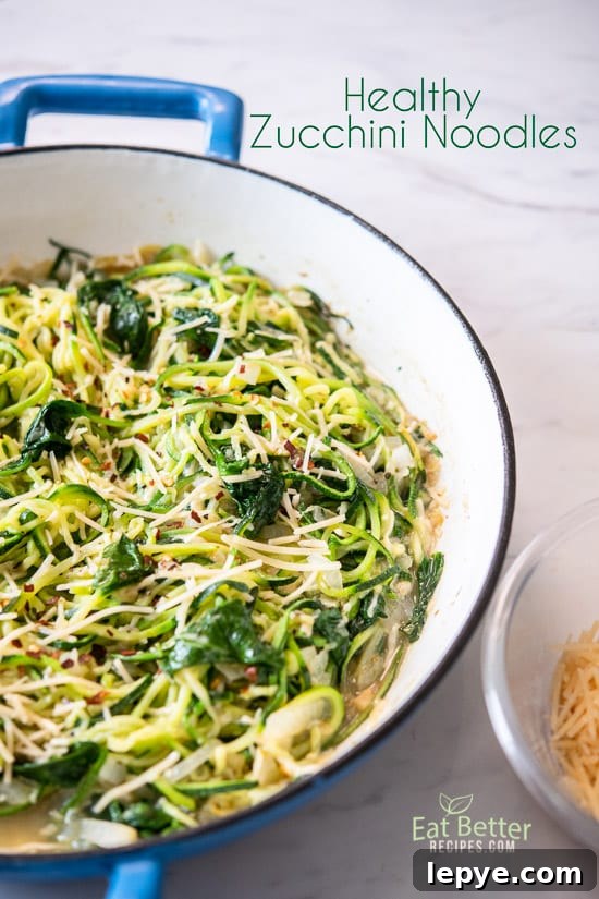 Healthy Zucchini Noodles Recipe with Spinach Parmesan @EatBetterrecipes Healthy Zucchini Noodles Recipe with Spinach Parmesan in a pan