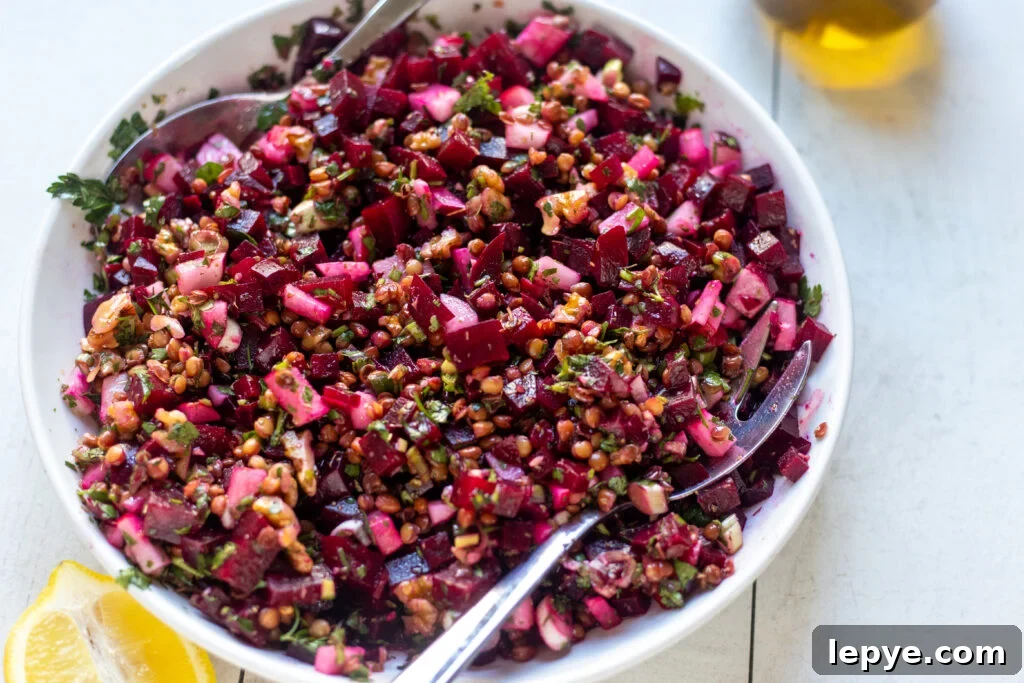 Chimichurri Lentil and Roasted Beet Salad for Spring Meals 2 overhead view of a colorful salad with beets, radishes, lentils and herbs