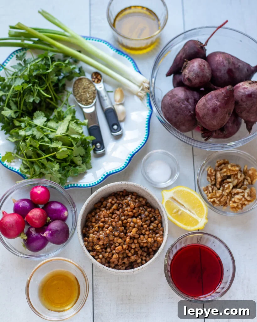 Chimichurri Lentil and Roasted Beet Salad for Spring Meals 3 ingredients for the salad recipe laid out in small bowls, plates and spoons