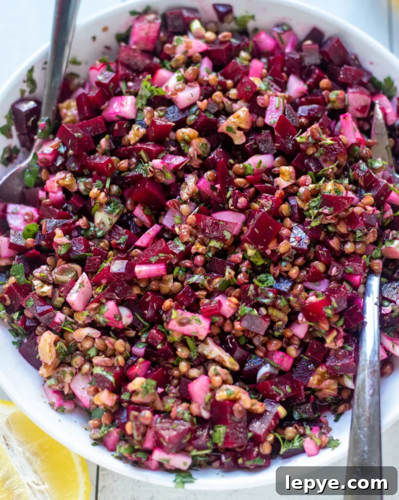 Chimichurri Lentil and Roasted Beet Salad for Spring Meals 4 close up of beet and lentil salad