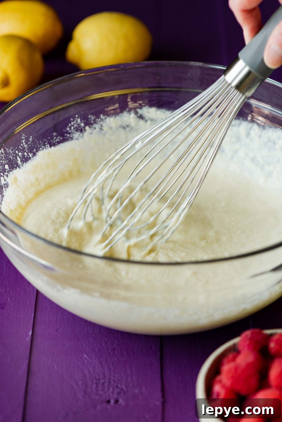 Whisking the wet ingredients in a glass bowl to make lemon raspberry ricotta cake on a purple background.