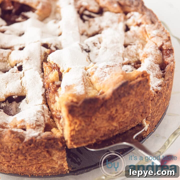 a square photo with a Dutch apple pie. A slice is taken out