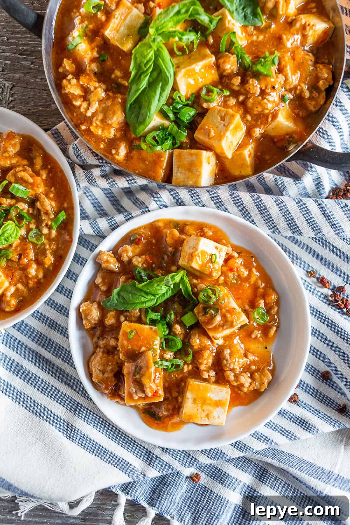 Ground Pork Mapo Tofu on a white plate.