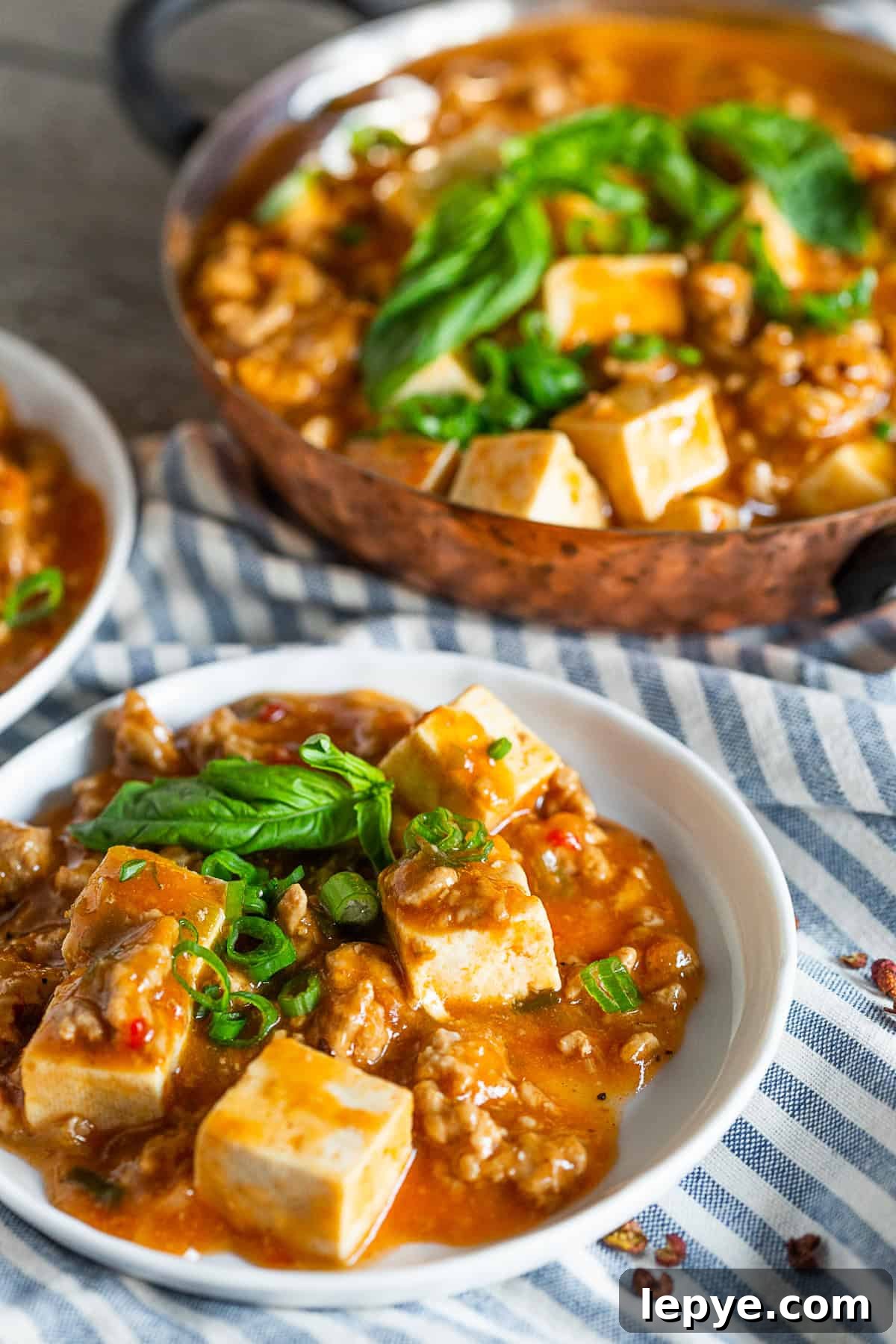 Ground Pork Mapo Tofu topped with fresh basil and green onions.