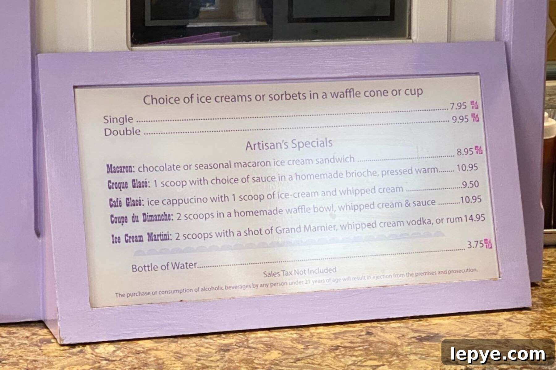 L'Artisan des Glaces epcot menu
