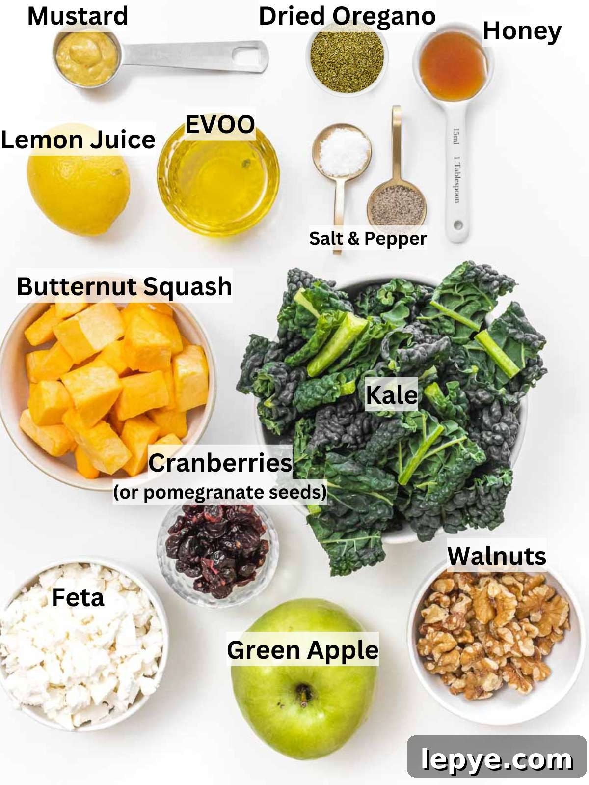 Roasted Butternut Squash and Kale Salad with Quinoa and Cranberries 3 Ingredients for butternut squash kale salad with apple walnuts feta and homemade dressing arranged neatly.