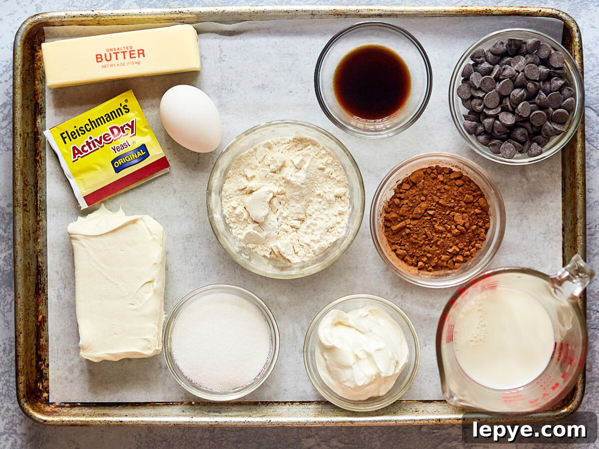 Classic Chocolate Babka Recipe: Swirled Yeast Bread Tutorial 3 A baking sheet containing babka ingredients including flour, sugar, farmers cheese, cocoa, egg, butter, yeast, chocolate chips, vanilla, milk, and sour cream.