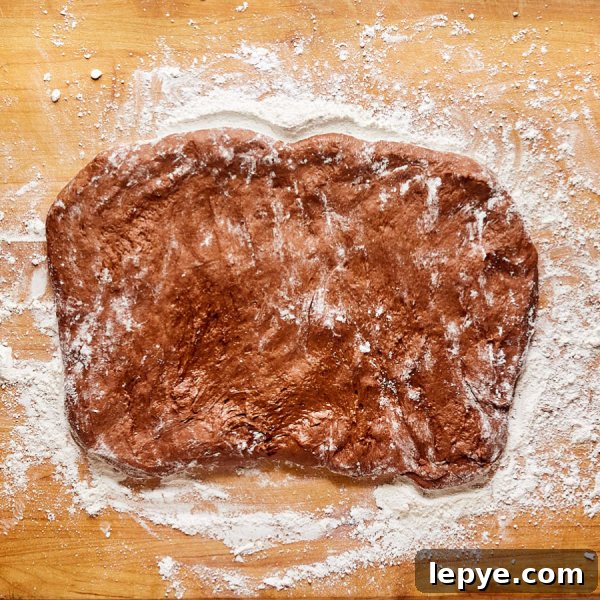 Classic Chocolate Babka Recipe: Swirled Yeast Bread Tutorial 7 Chocolate flavored bread dough rolled into a rectangle on a floured cutting board - Hostess At Heart