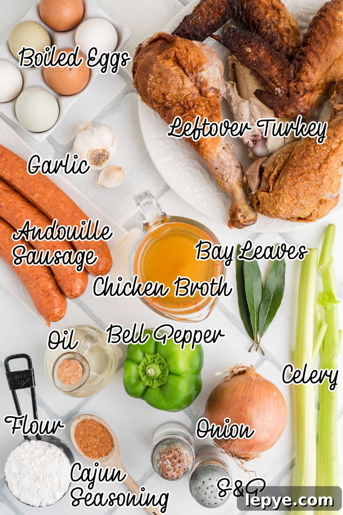 Ingredients needed to make a leftover turkey and andouille sausage gumbo.