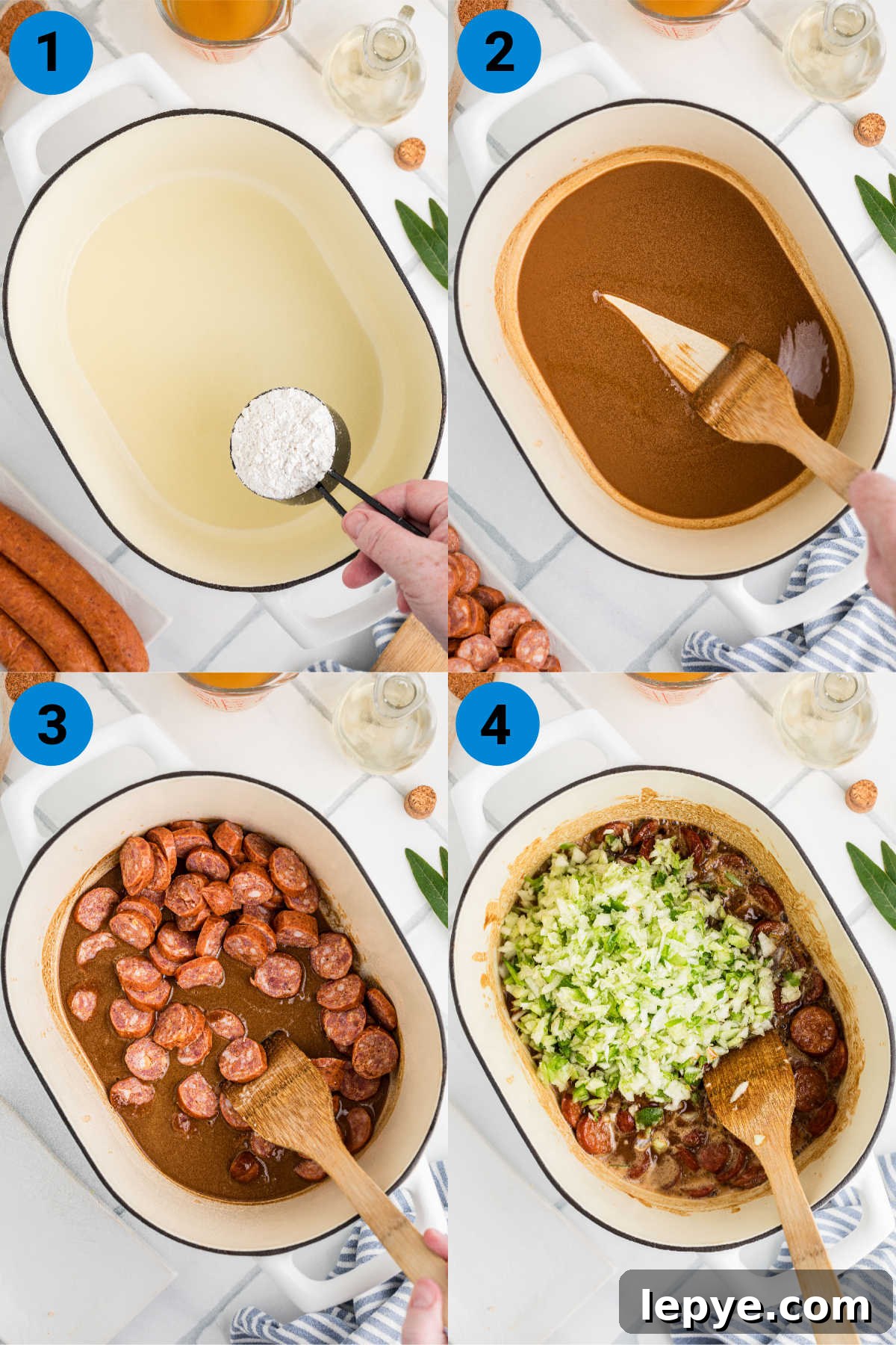 A collage of four images showing how to make a turkey and sausage gumbo.