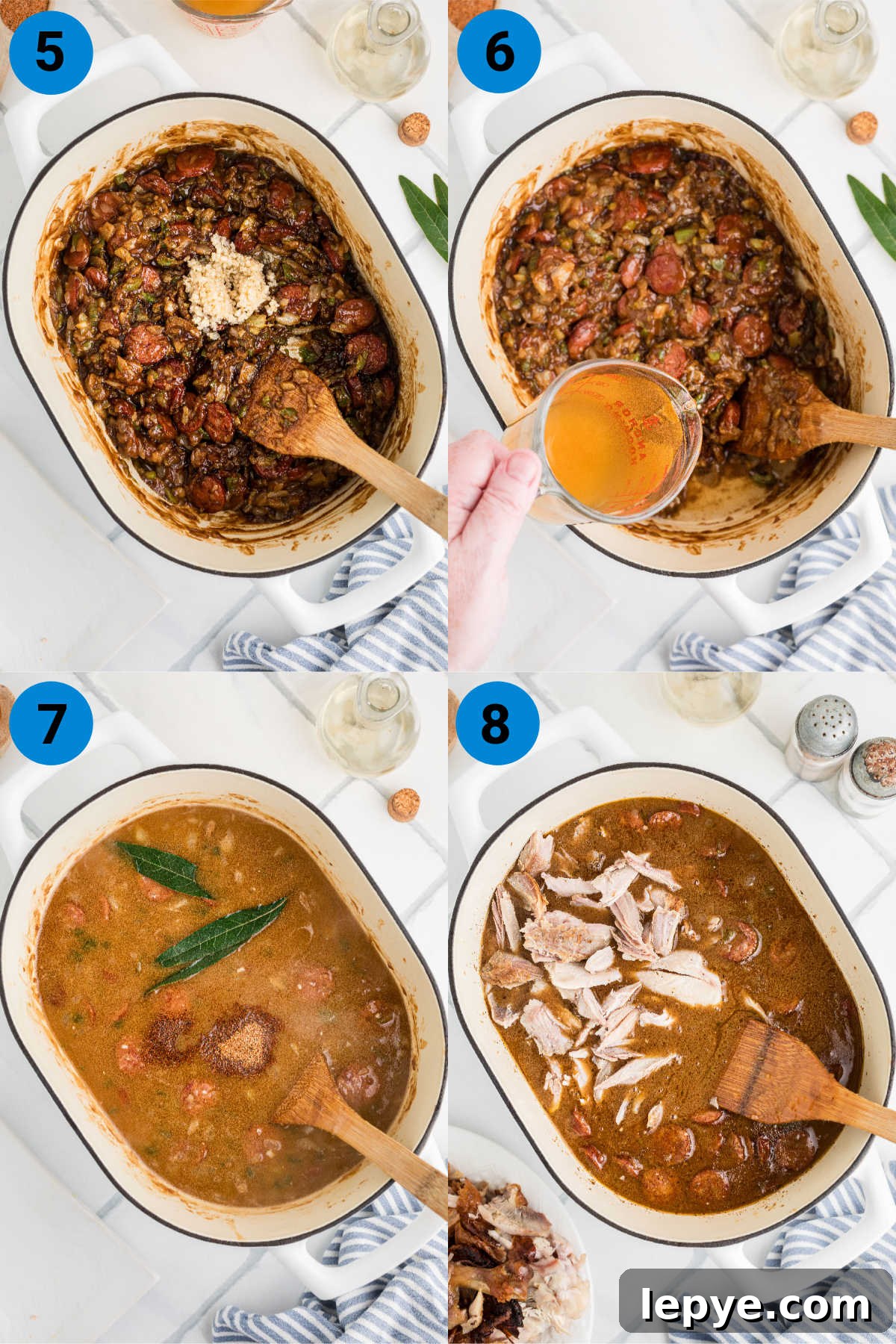 A collage of four images showing how to make a turkey and andouille sausage gumbo.