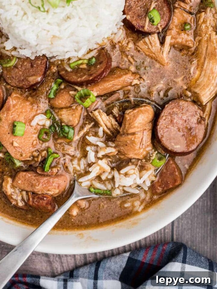 a close up of a bowl of chicken and sausage gumbo with a spoon sitting in it