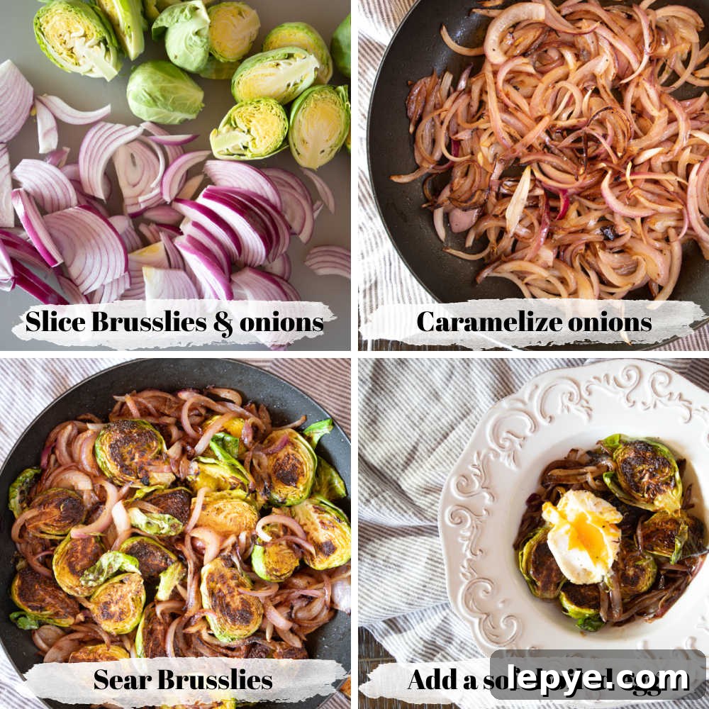 Pan-Roasted Brussels Sprouts with Crispy Eggs and Garlic 4 Four photographs of steps in making pan roasted Brussels sprouts with caramelized onions.