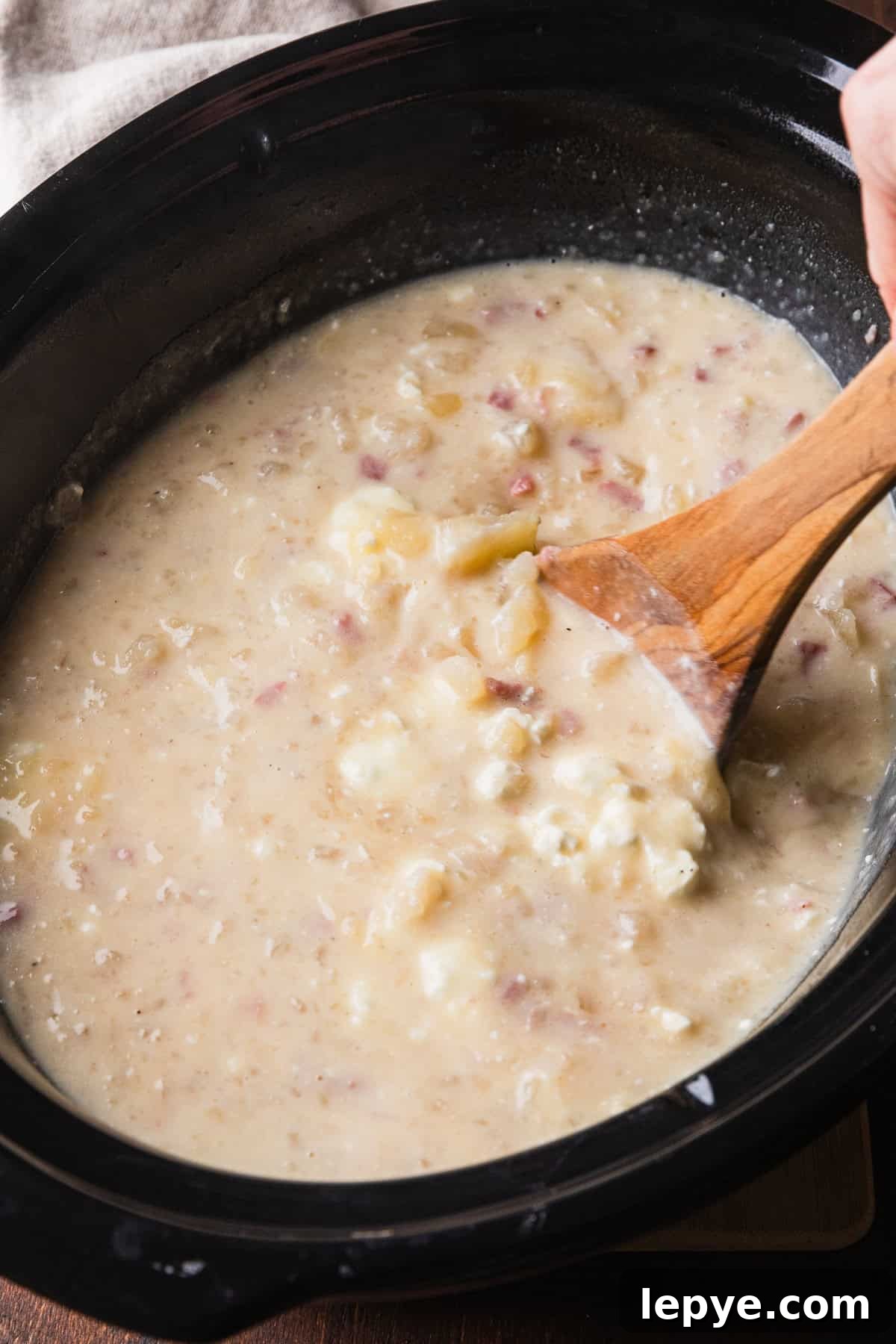 Crockpot Potato Soup with Evaporated Milk — Creamy Dinner Recipe 9 Stirring all the soup ingredients together until creamy.