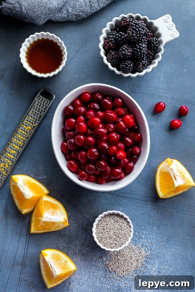 Overhead view of ingredients to make refined sugar-free cranberry sauce.