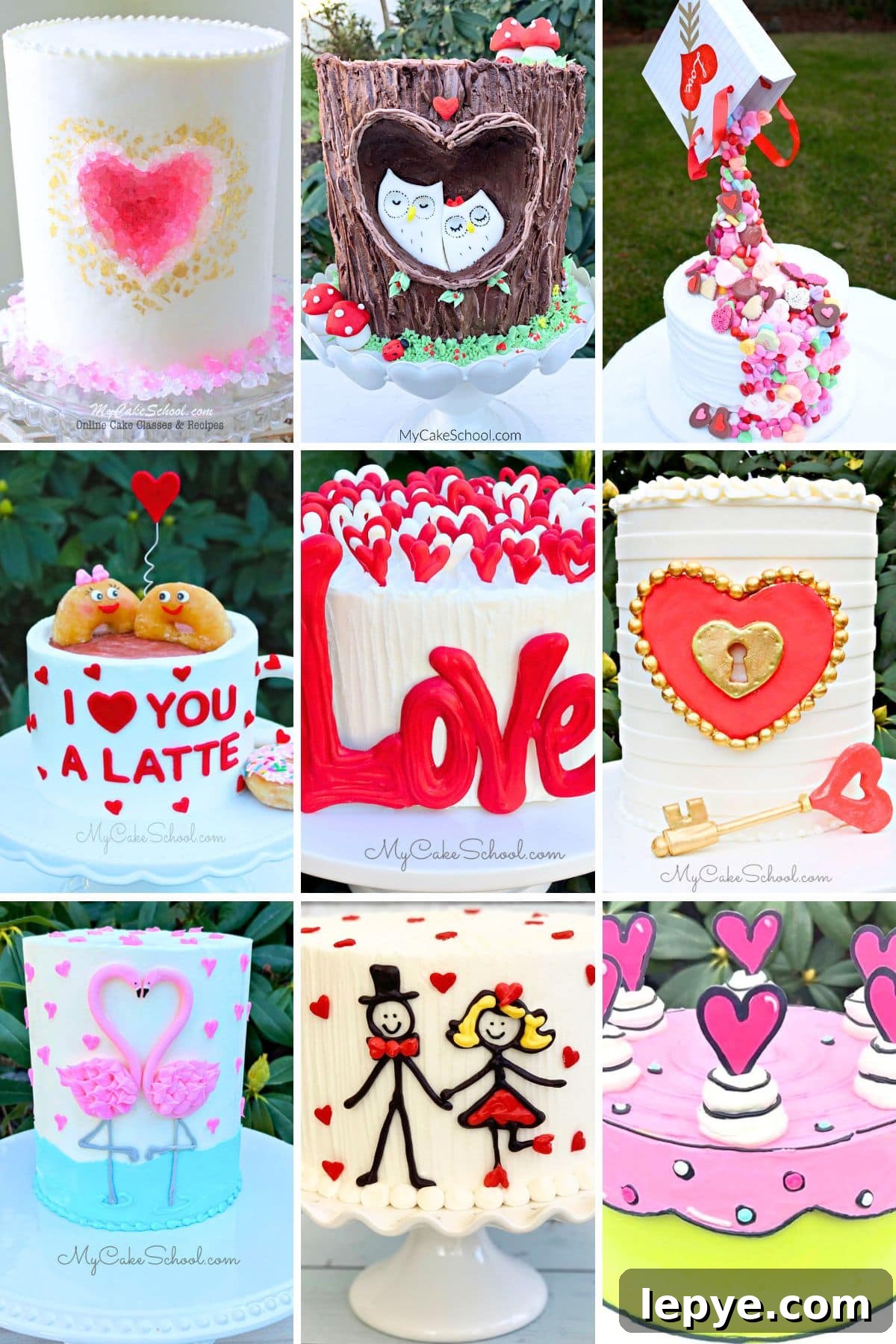 50 Romantic Valentine's Day Cake Ideas for Every Celebration 2 Photo grid of favorite Valentine's Day cake designs from our free tutorials.