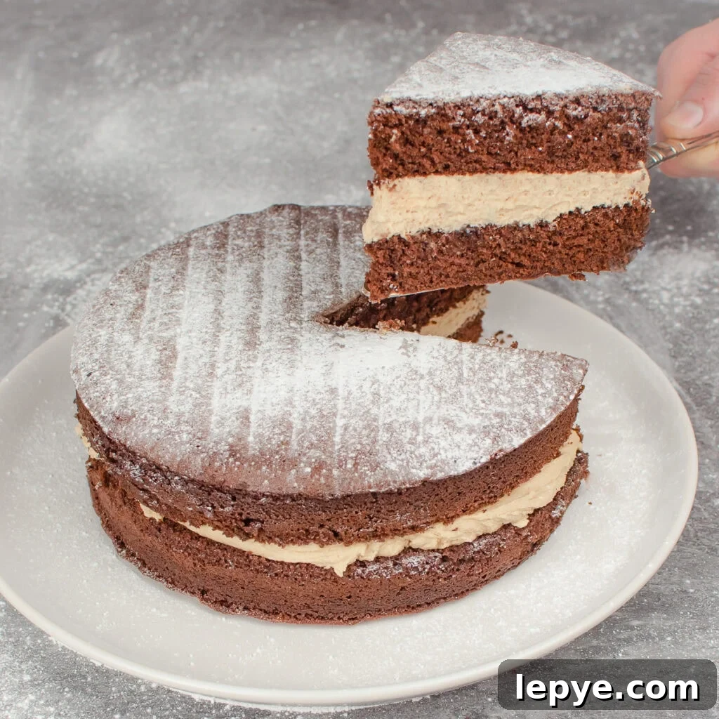 Holding up a slice of our Chocolate Victoria Sponge Cake