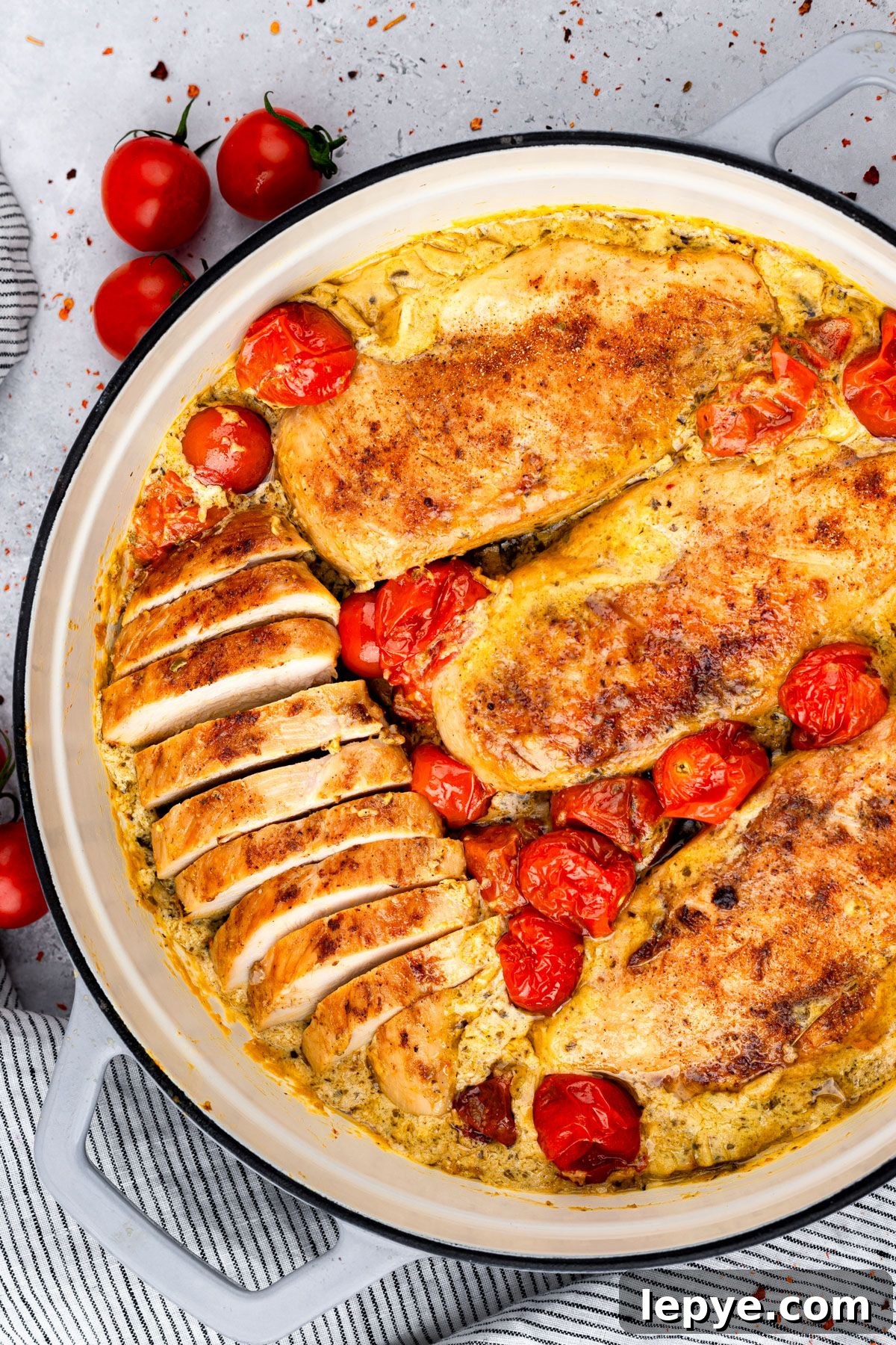 Creamy Pesto Chicken with Roasted Tomatoes