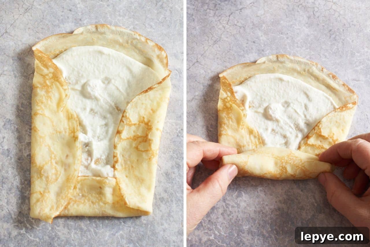 Sweet Nalysnyky: Classic Ukrainian Crepes with Cottage Cheese Filling 8 Two photos side by side showing a filled crepe being folded, on the left, the bottom and sides are folded in, on the right, a woman's hands are rolling it into a log shape.