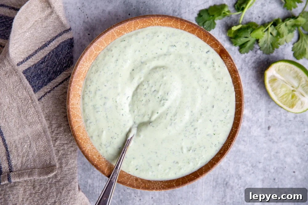 A serving bowl of yogurt sauce with a spoon. 