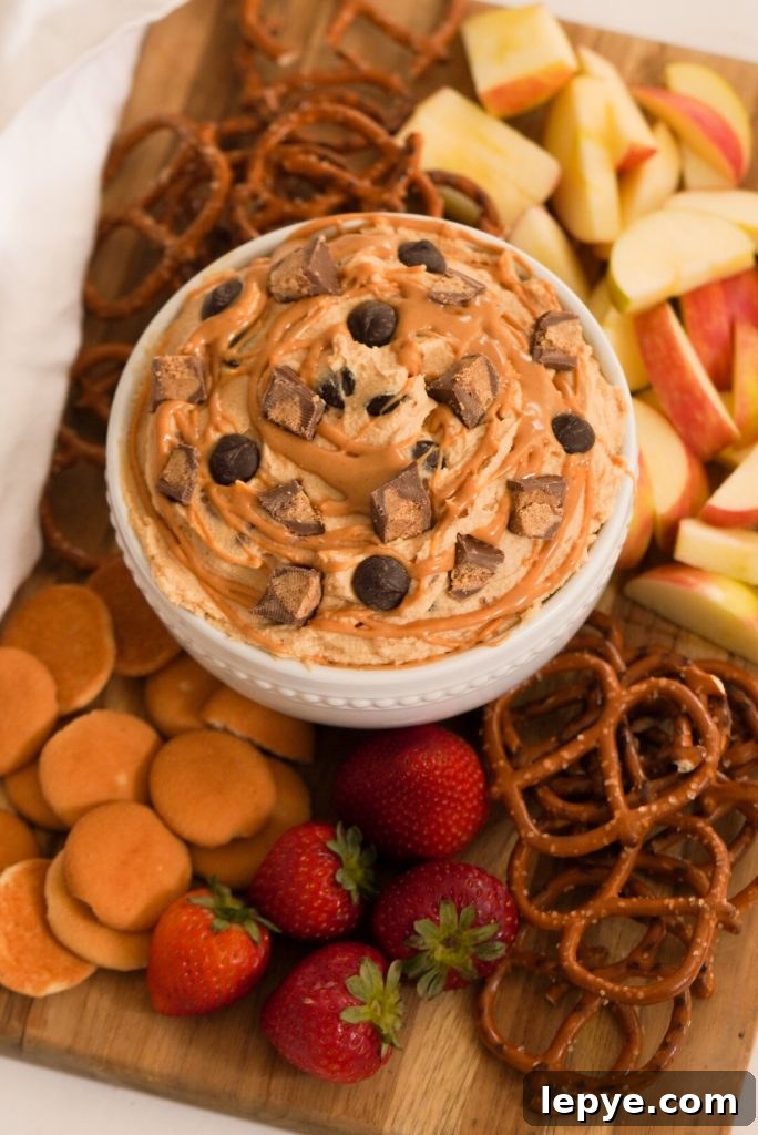 platter with fresh fruit, pretzels, vanilla wafers and reese's dip