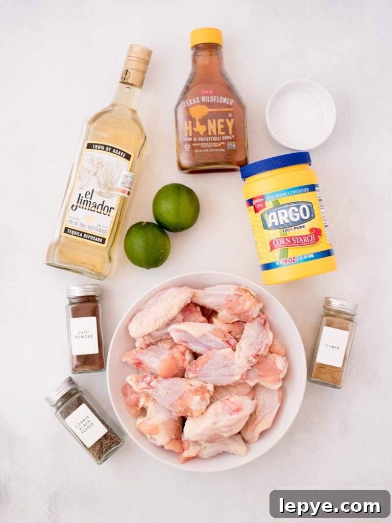 Citrus Tequila-Lime Chicken Wings Recipe for Game Day 3 Ingredients shown that are used to prepare baked tequila lime chicken wings.