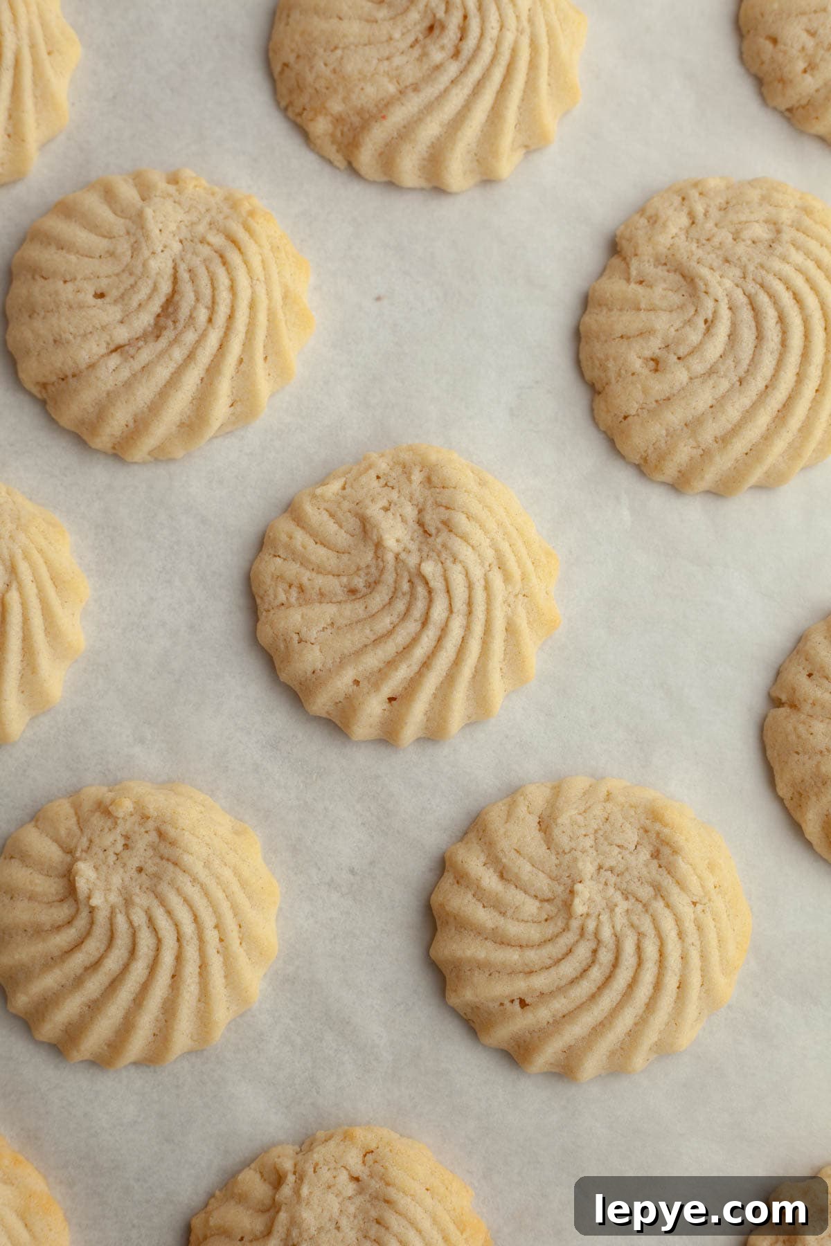 Danish Butter Cookies Dipped in Rich Chocolate 8 Baked Danish butter cookies on parchment paper.