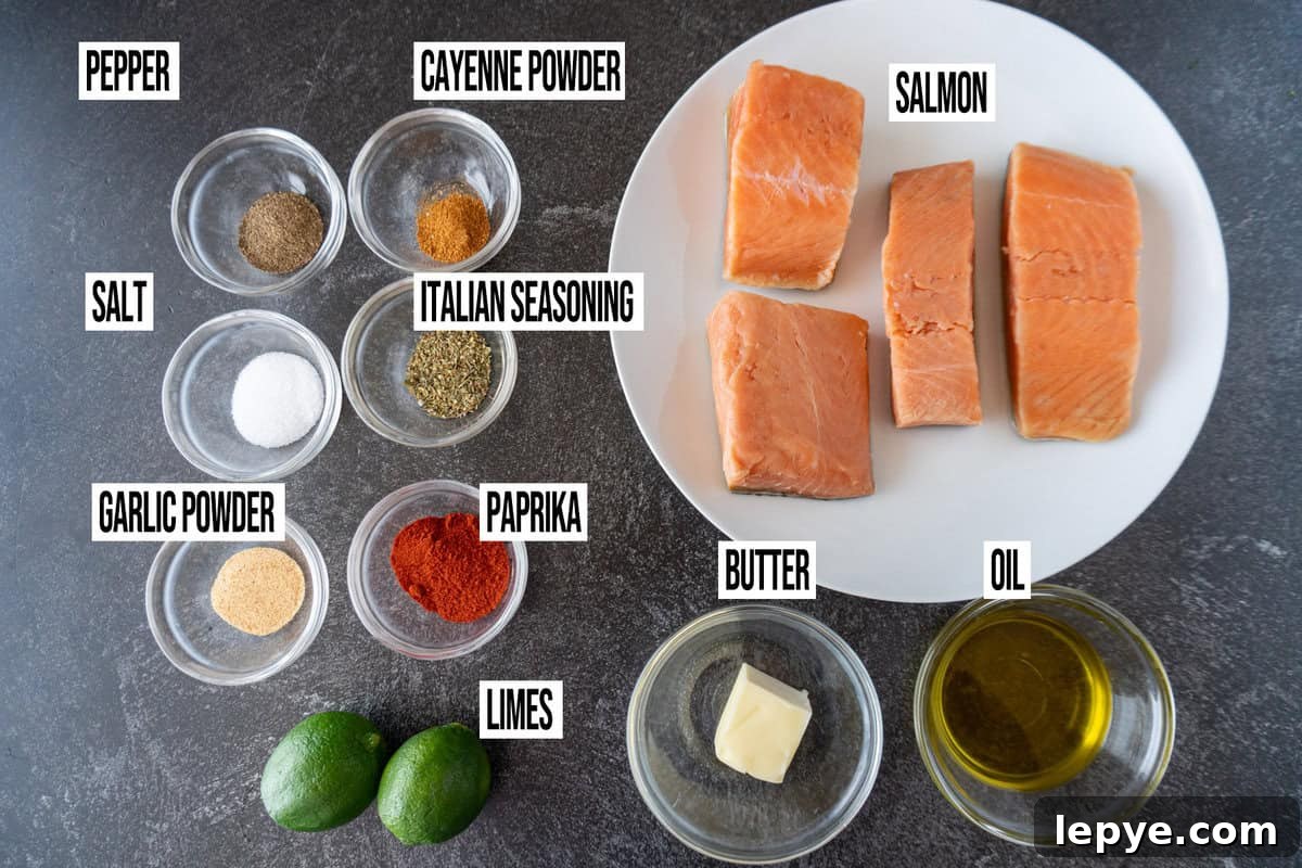 Grilled Salmon with Fresh Mango Salsa Recipe 4 Salmon ingredients are in bowls and labeled.