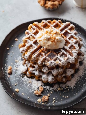 gluten free pumpkin waffles topped with whipped cream, maple syrup and crushed walnuts on a plate