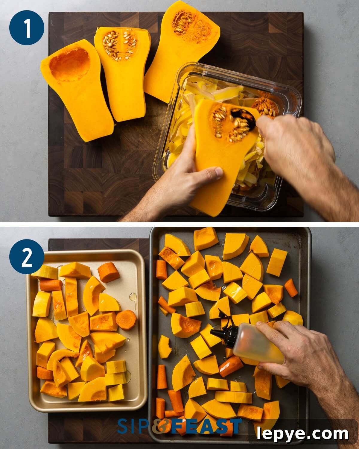 Roasted butternut squash soup process showing peeled squash and chopped pieces along with carrots on baking sheet.