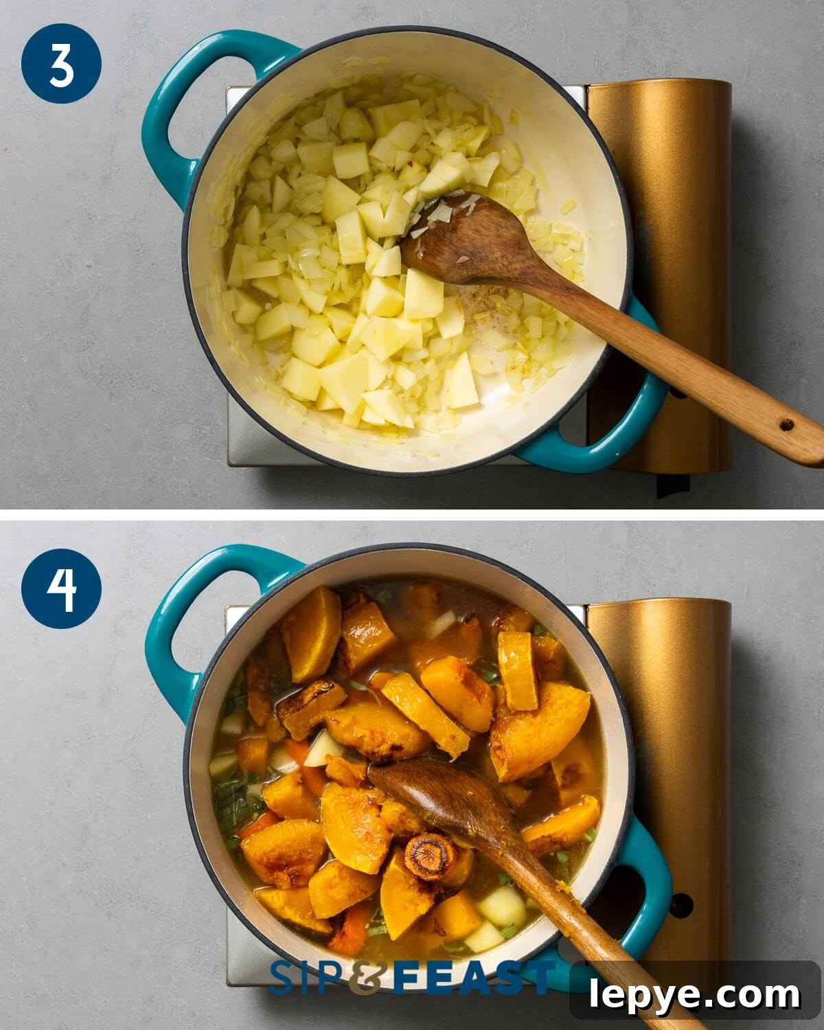 Dutch oven sautéing onions and apples with pot on burner and soup ingredients coming to a boil.
