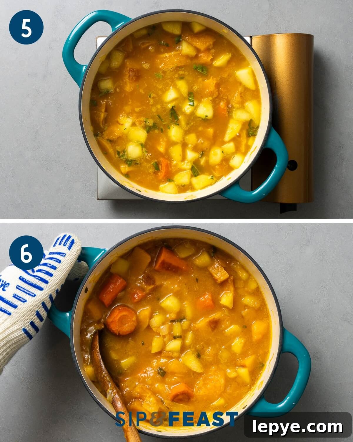 Soup simmering on the stove and spoon mashing ingredients against the side of the pot.