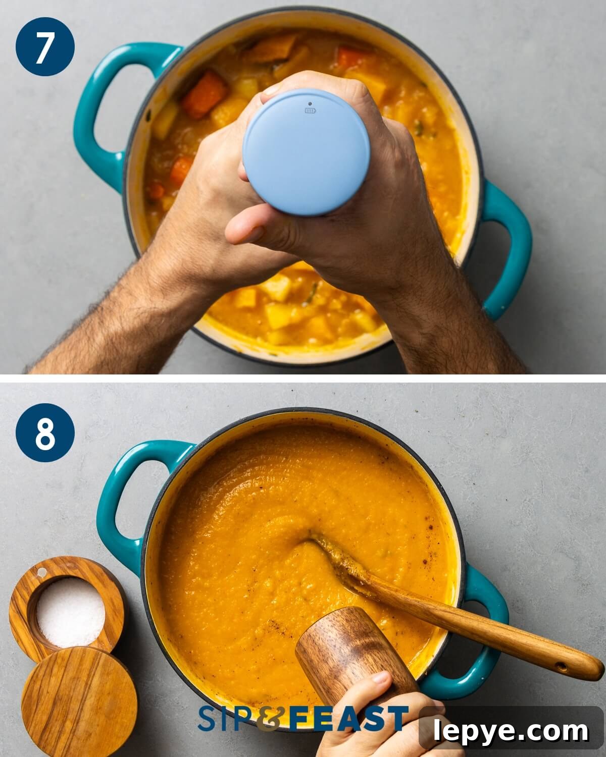 Using immersion blender in pot and seasoning soup with salt and pepper.