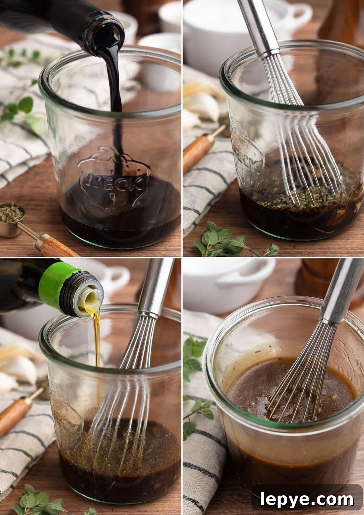 Classic Balsamic Vinaigrette Dressing Recipe 4 four photos showing the process of making balsamic vinaigrette in a bowl with a whisk