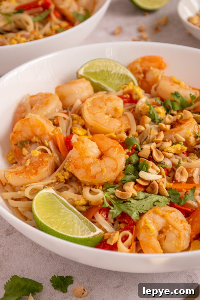 A white bowl filled with shrimp pad thai filled with noodles, shrimp and veggies garnished with cilantro, peanuts, and lime wedges.