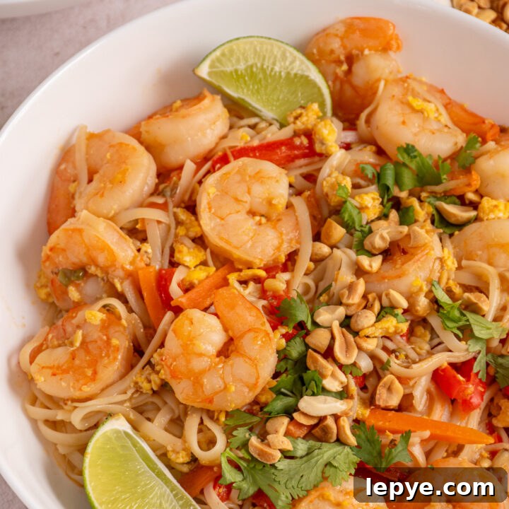 A white bowl with freshly made shrimp pad thai garnished with cilantro leaves and chopped peanuts.