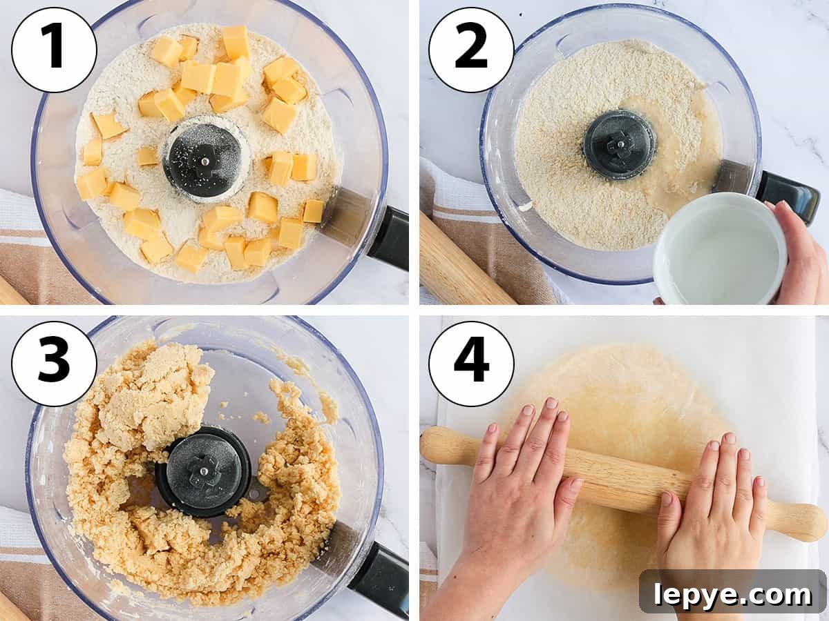 Process Shot Collage: making the galette pastry in the food processor and rolling it between two sheets of baking paper.