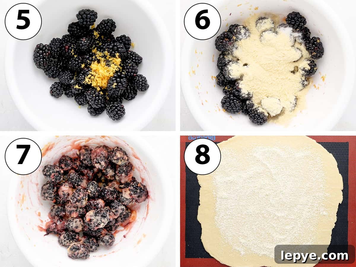 Process Shot Collage: mixing the filling ingredients in a large bowl and adding almond meal over the rolled pastry.