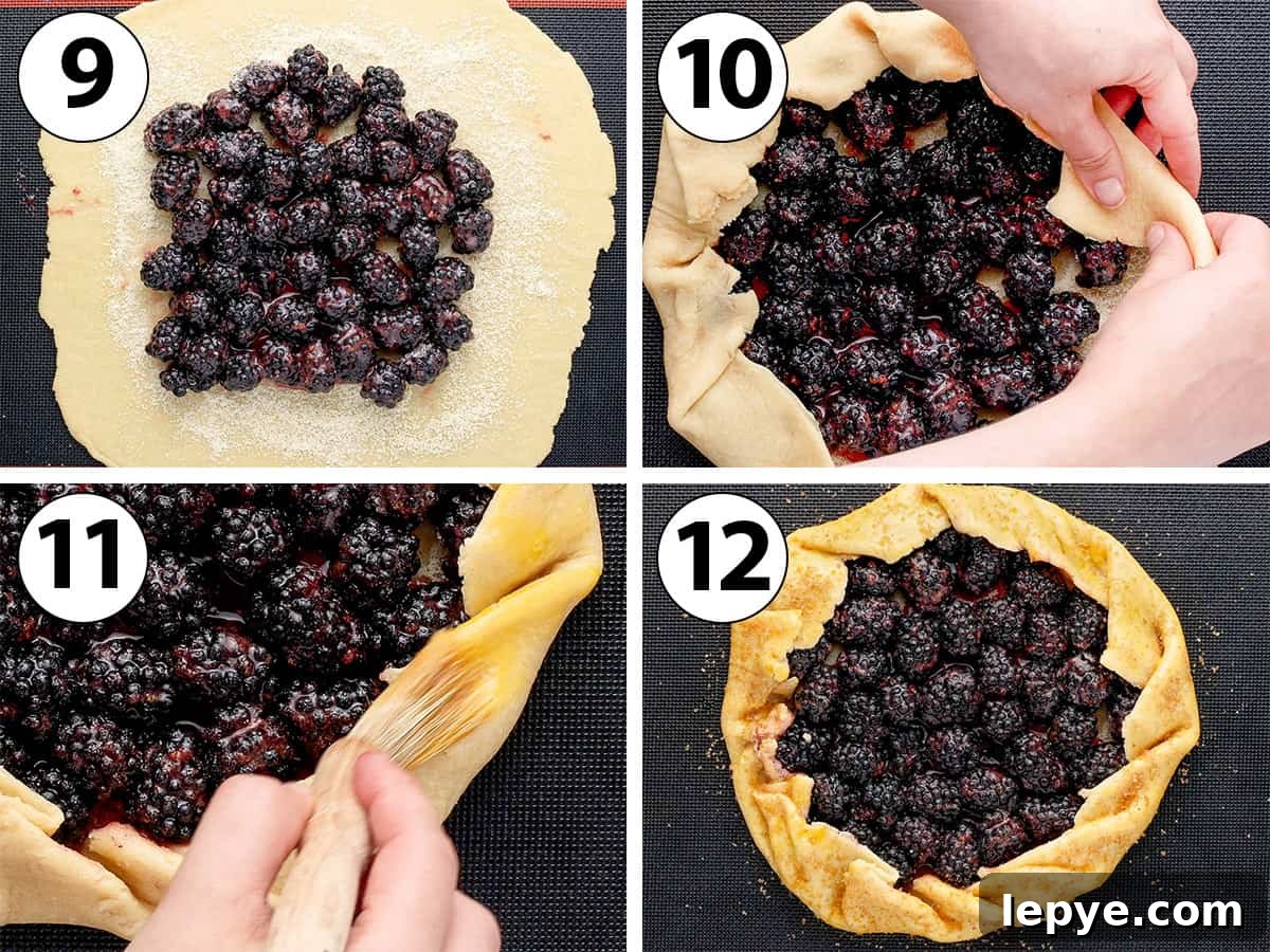 Process Shot Collage: adding the filling over the tart crust, folding the curst, brushing the egg wash and topping with raw sugar.
