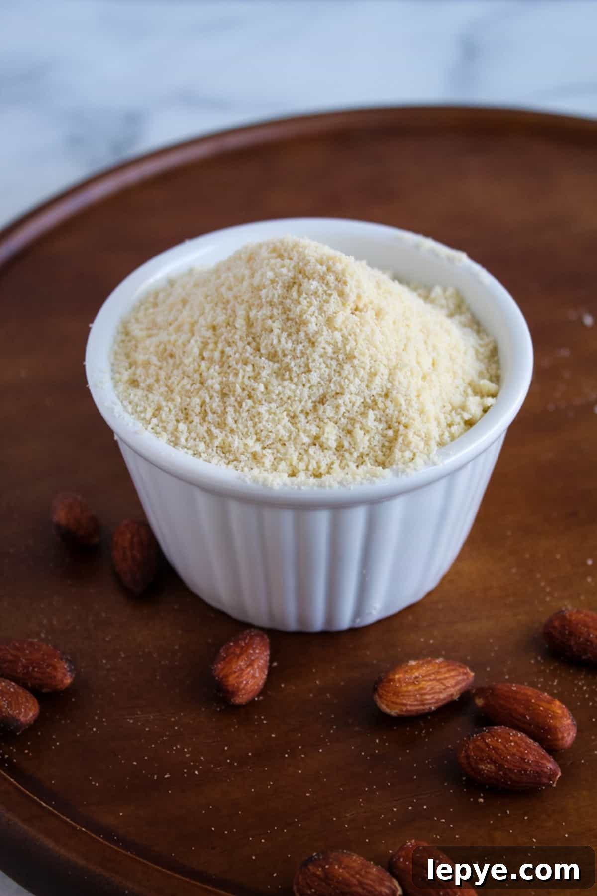 white cup of almond flour on a brown board