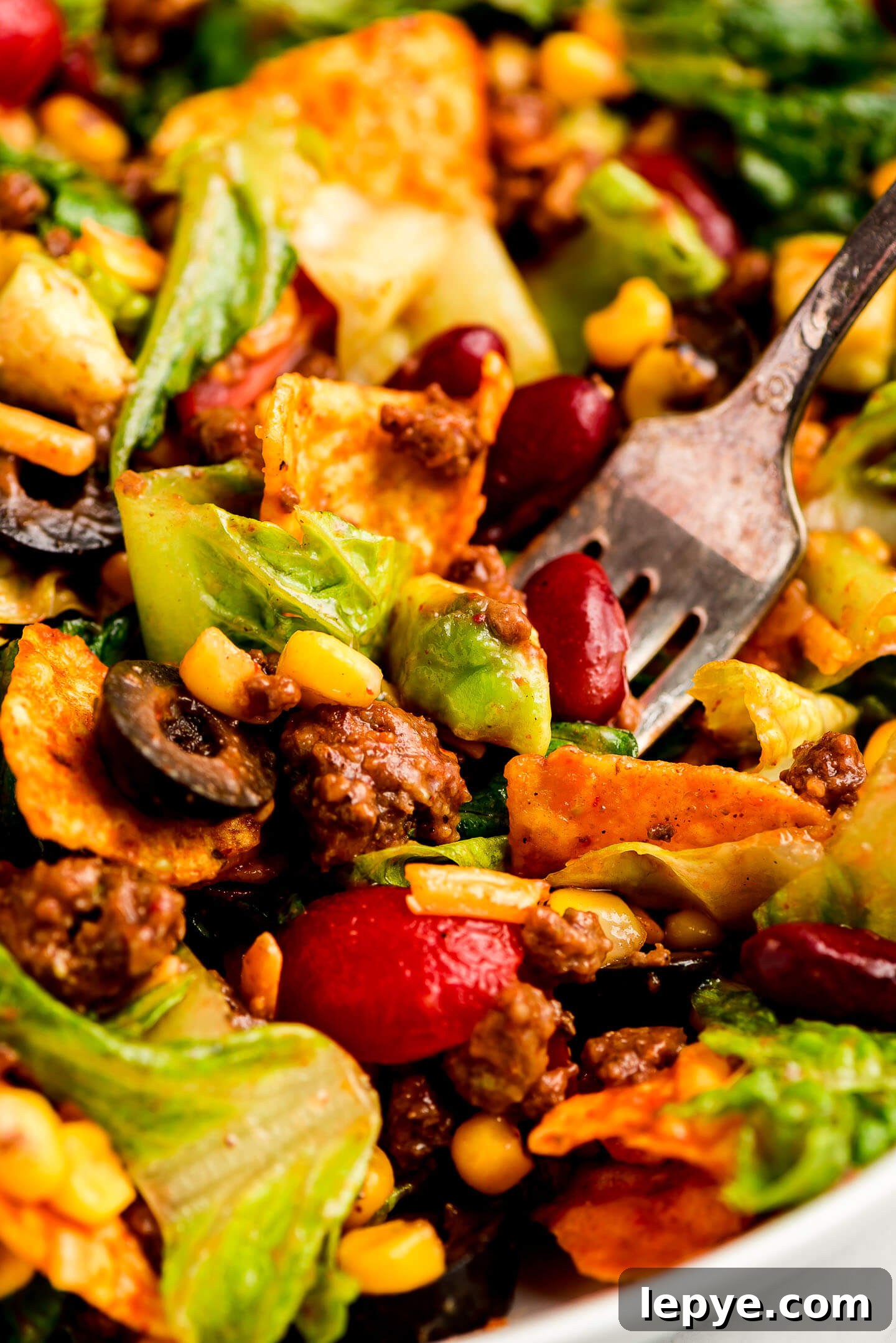 Dorito Taco Salad Recipe: Crunchy Tex-Mex Dinner Idea 4 Close up shot of a fork full of Taco Salad.