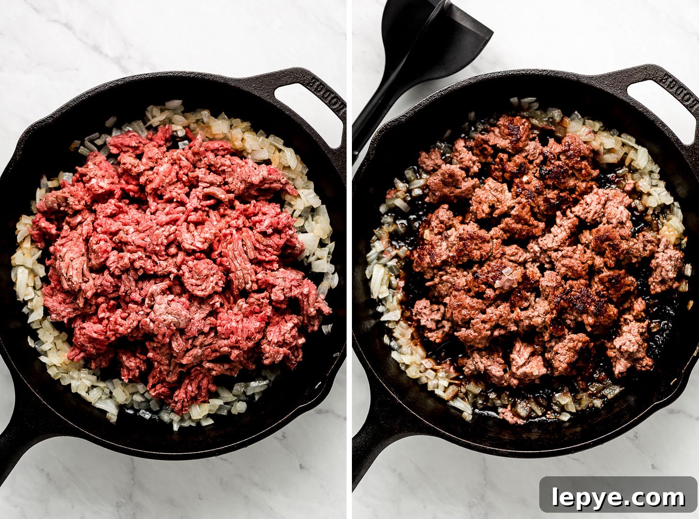 Dorito Taco Salad Recipe: Crunchy Tex-Mex Dinner Idea 7 Raw ground beef in a cast iron skillet with onions pushed out to the sides; ground beef seared in pan.
