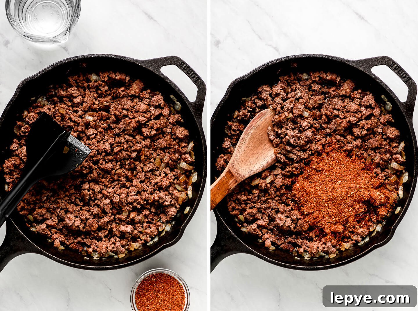 Dorito Taco Salad Recipe: Crunchy Tex-Mex Dinner Idea 8 Ground beef and onions browned in a cast iron skillet; taco season added.