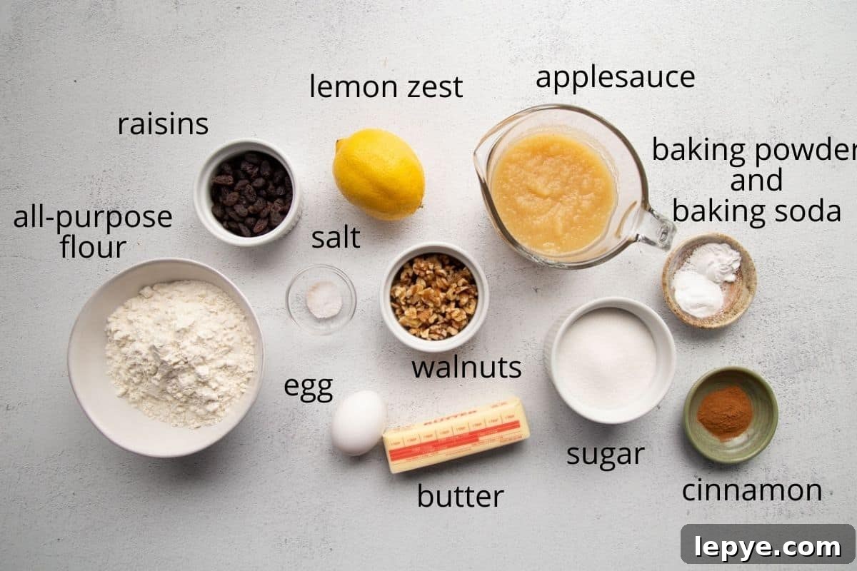 applesauce, raisins, walnuts, flour, butter, and other ingredients.