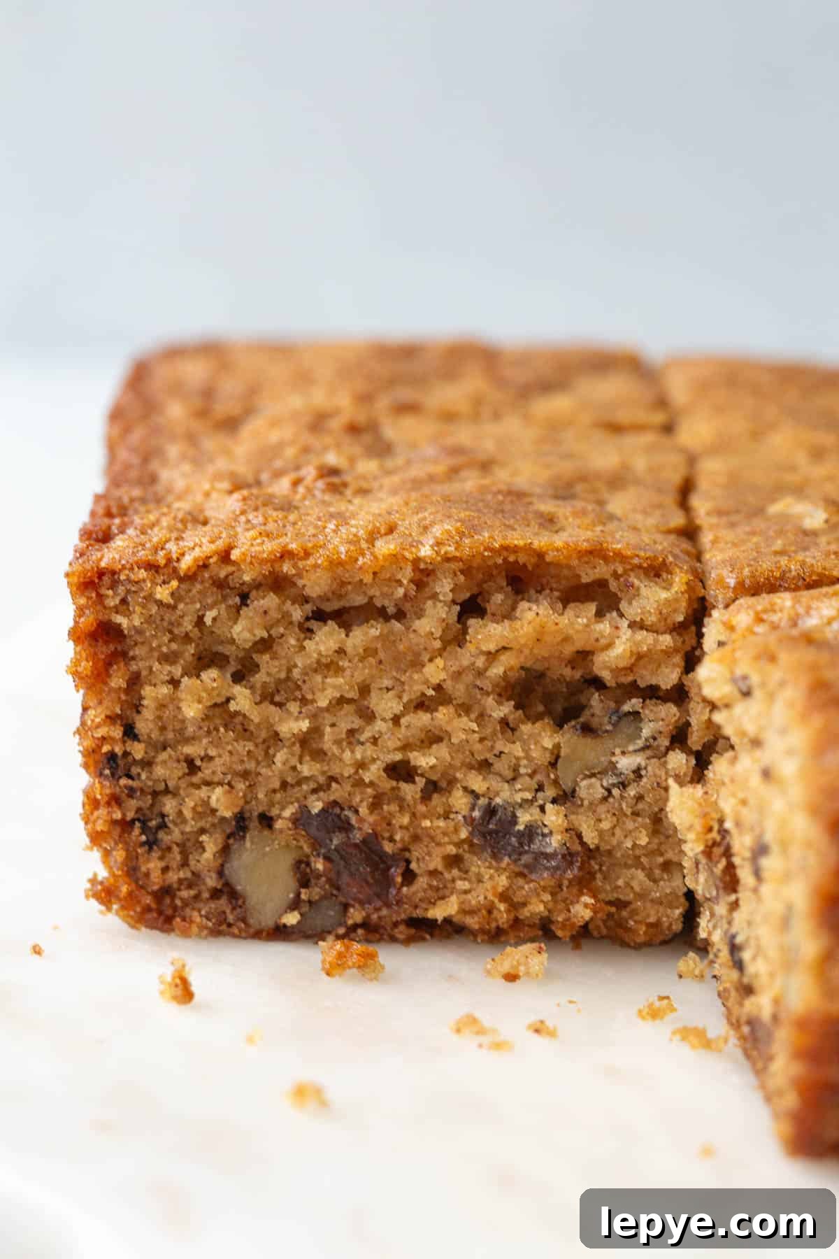 side of a piece of applesauce cake with raisins and walnuts.