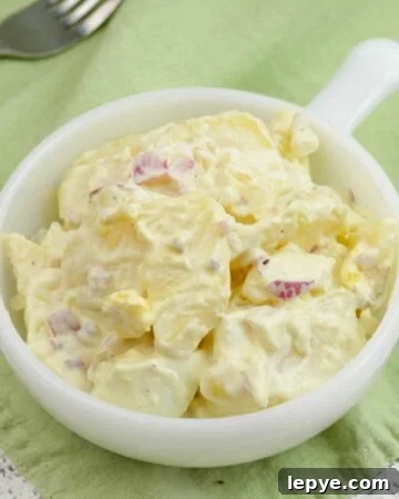 Closeup photo of a single serving bowl of potato salad.