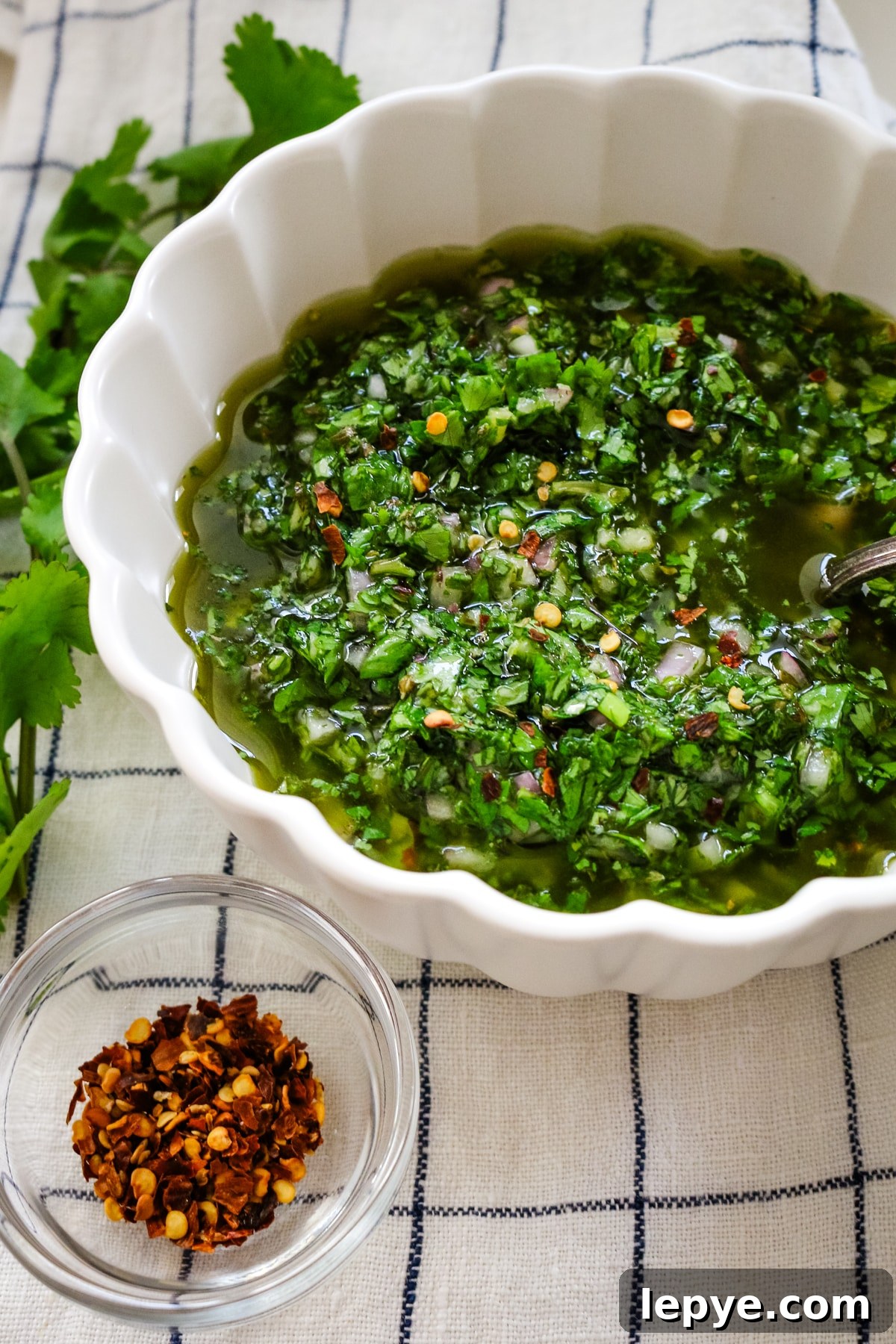 Cilantro Chimichurri Sauce Recipe — Fresh Herb Marinade for Grilled Meats 2 cilantro chimichurri sauce in bowl.